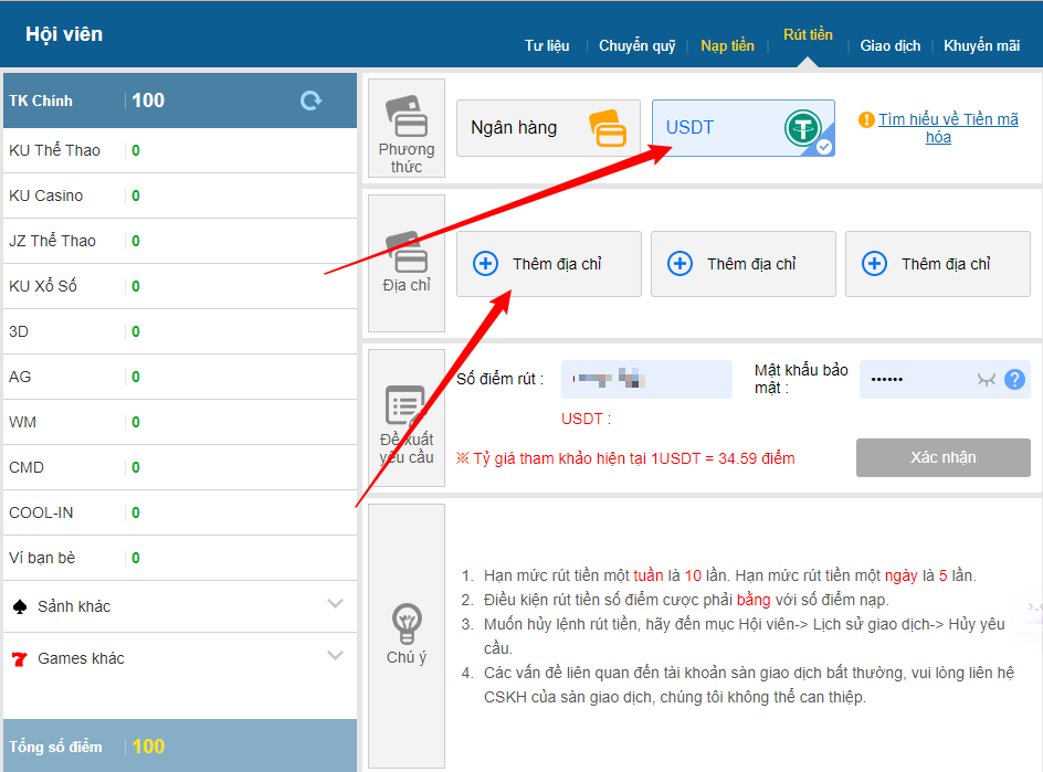 Cách rút tiền bằng USDT tại Kubet